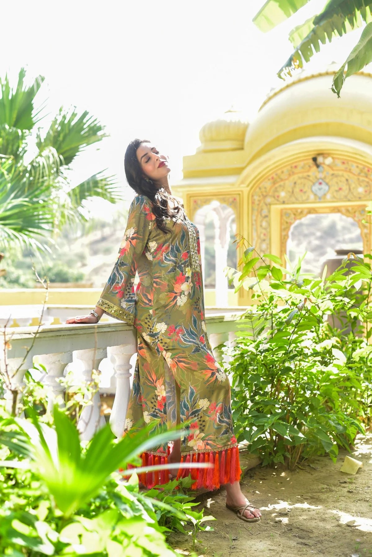 Olive Gala Afghani Dress Model Shot - Designer Ethnic Wear