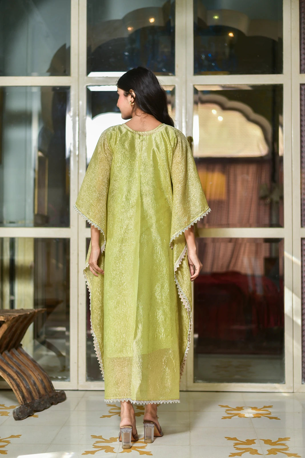 Pastel Green Luxe Embroidered Kaftan Dress