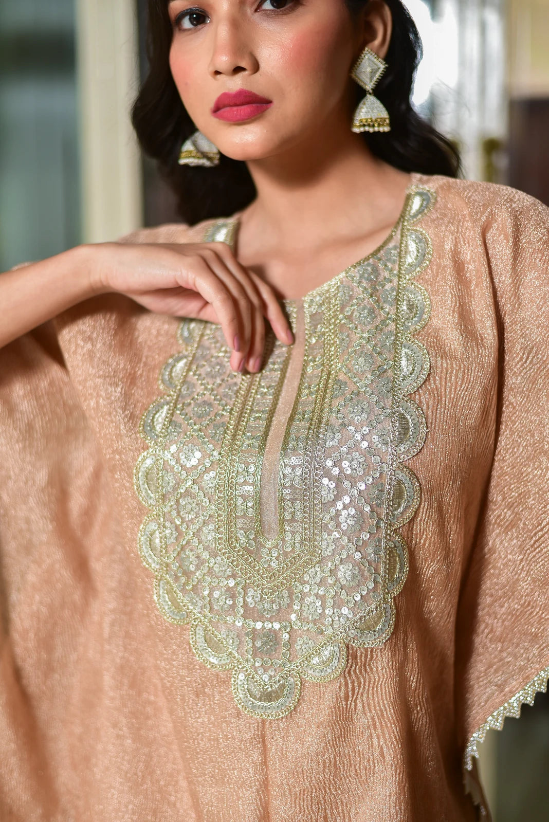 Blush Gold Luxe Embroidered Kaftan Dress