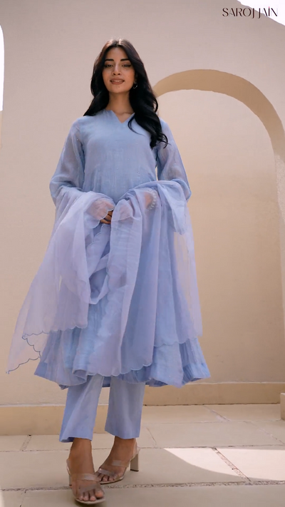 ICE BLUE MUKESH WORK A LINE KURTA SET