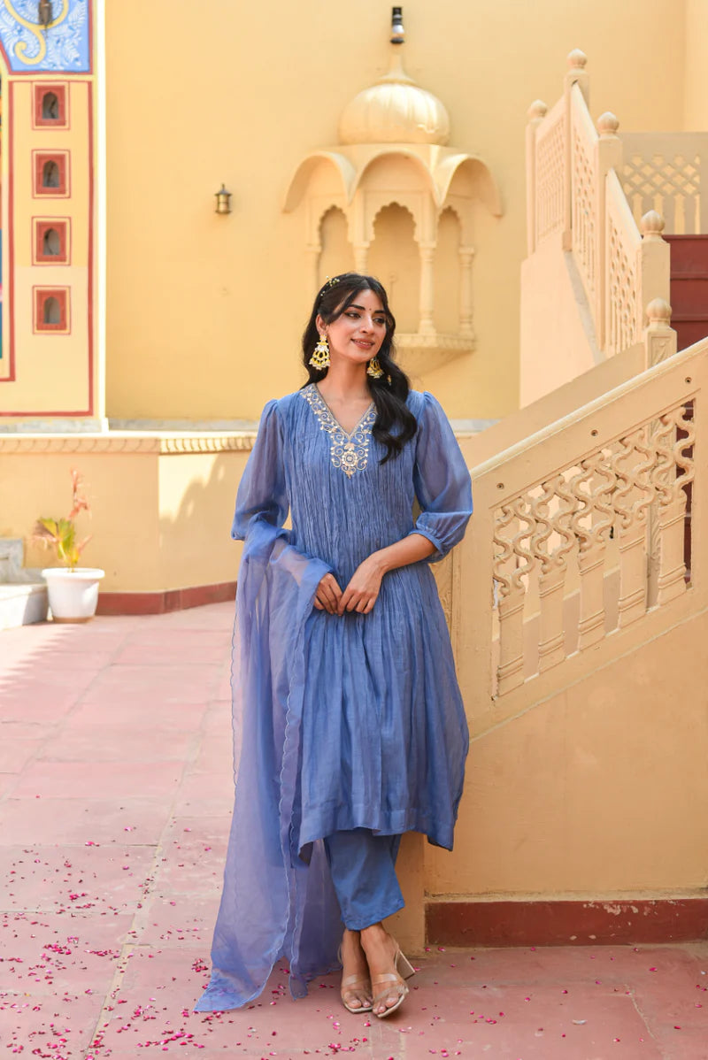 Marine Blue Chanderi Silk Kurta Set